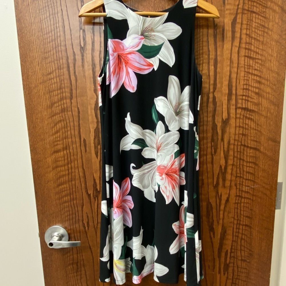 ANNE Klein black floral print fit and flare swing mini dress